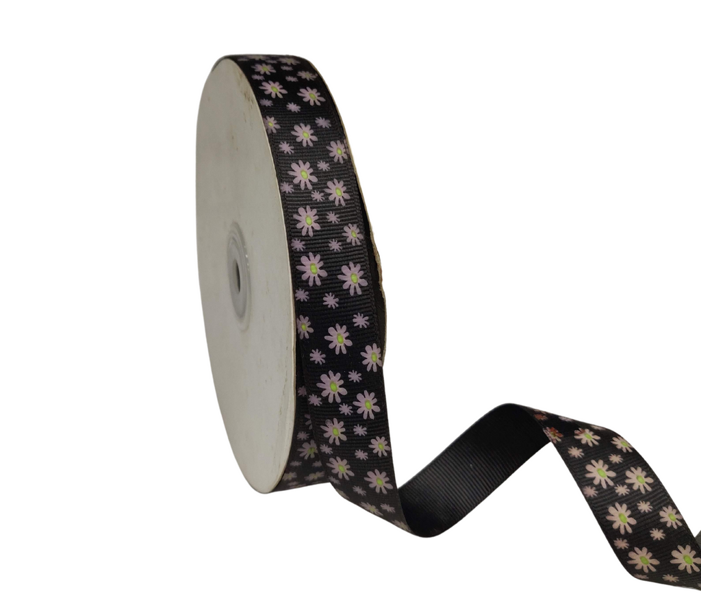 BLACK WITH OFF-WHITE FLOWERS RIBBON (20 MM)