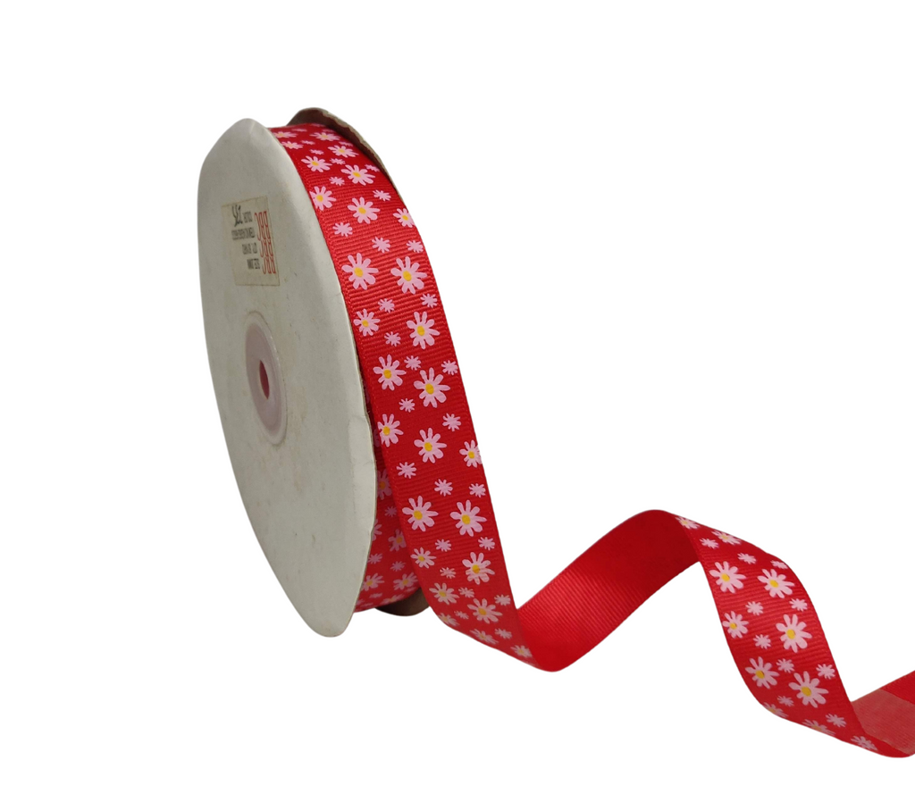 RED WITH OFF-WHITE FLOWERS RIBBON (20 MM)