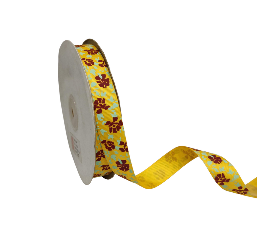 YELLOW WITH MULTICOLOURED FLOWERS RIBBON (20 MM)