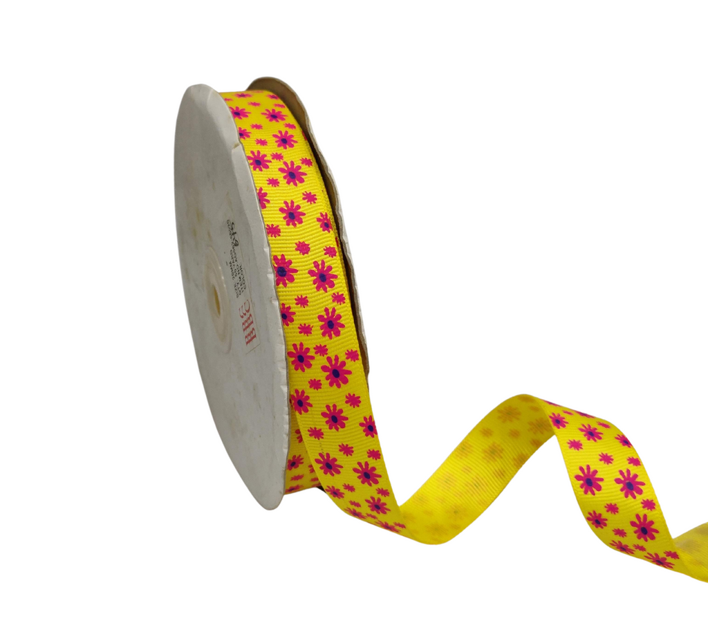 YELLOW WITH PINK FLOWERS RIBBON (20 MM)