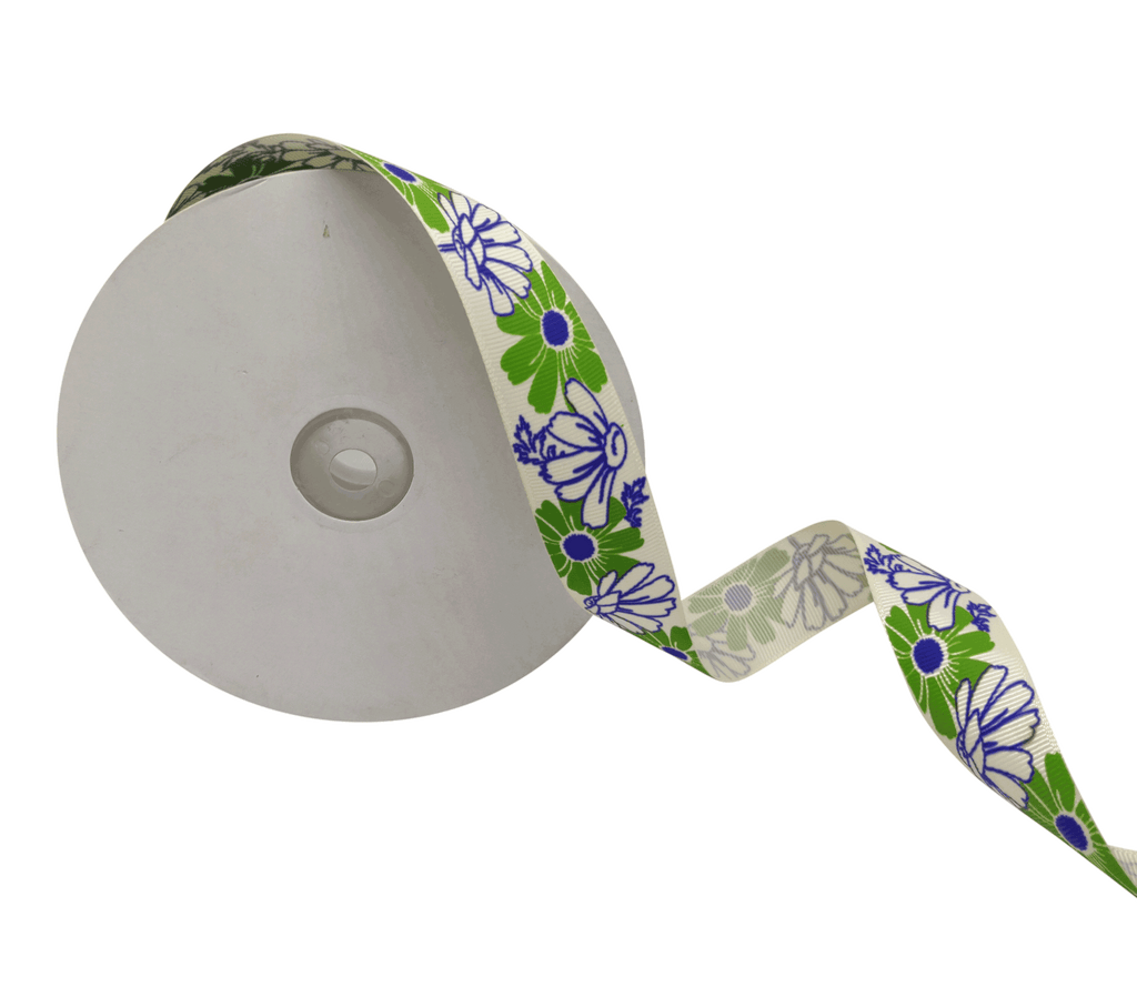WHITE WITH MULTICOLOURED FLOWERS RIBBON (25 MM)