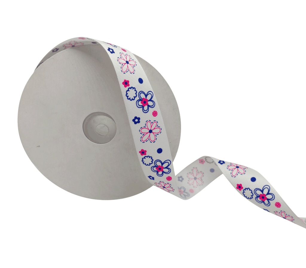 WHITE WITH MULTICOLOURED FLOWERS RIBBON (25 MM)