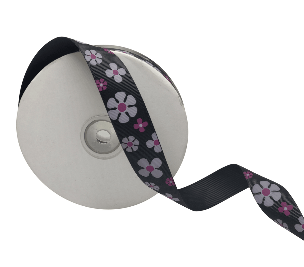 BLACK WITH MULTICOLOURED FLOWERS RIBBON (25 MM)