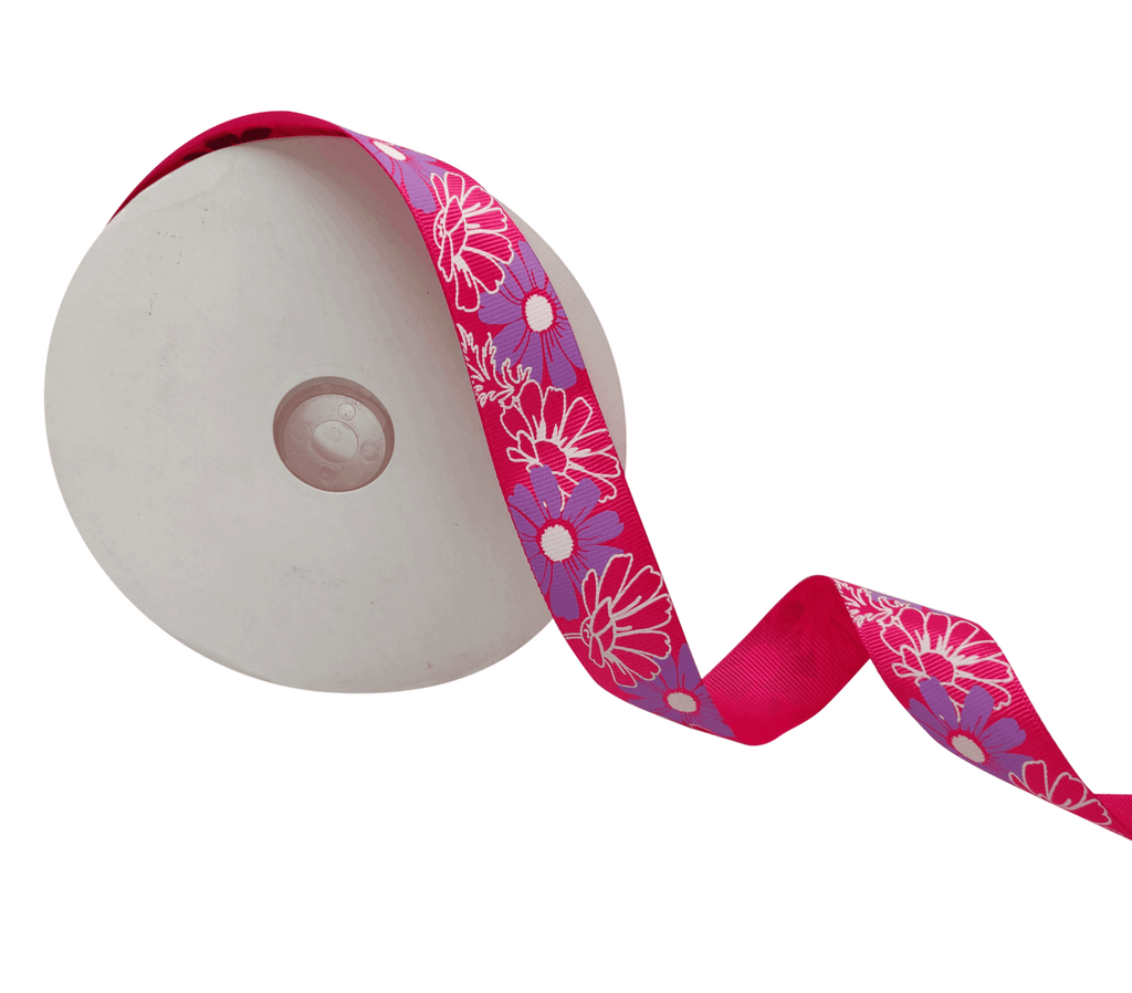 HOT PINK WITH MULTICOLOURED FLOWERS RIBBON (25 MM)