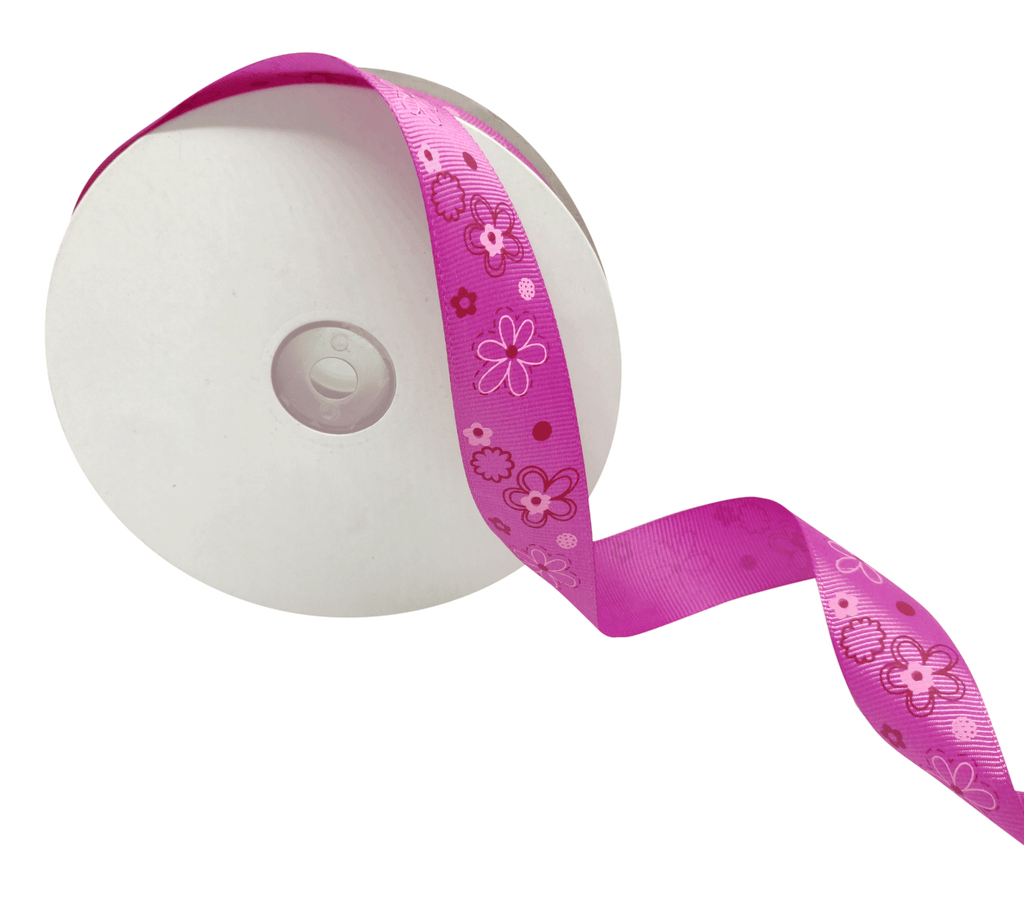 ORCHID PINK WITH MULTICOLOURED FLOWERS RIBBON (25 MM)