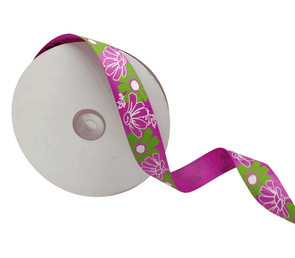 ORCHID PINK WITH MULTICOLOURED FLOWERS RIBBON (25 MM)