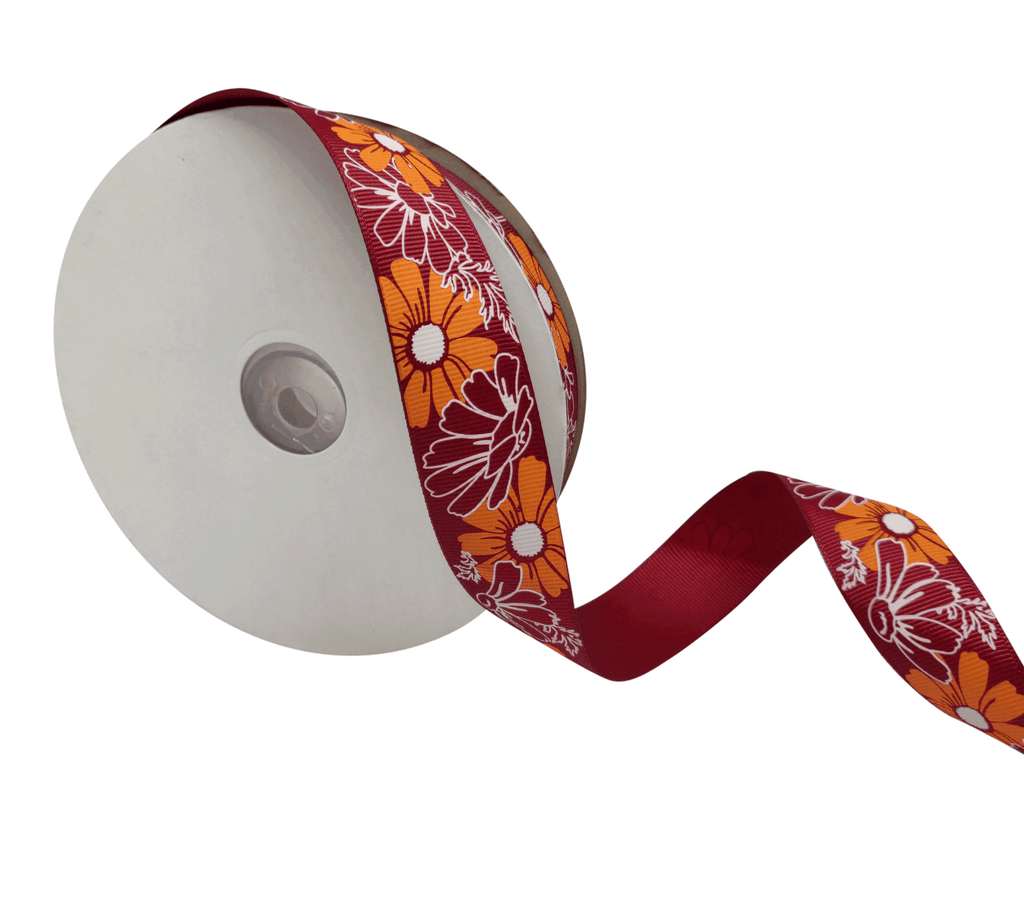 MAROON WITH MULTICOLOURED FLOWERS RIBBON (25 MM)