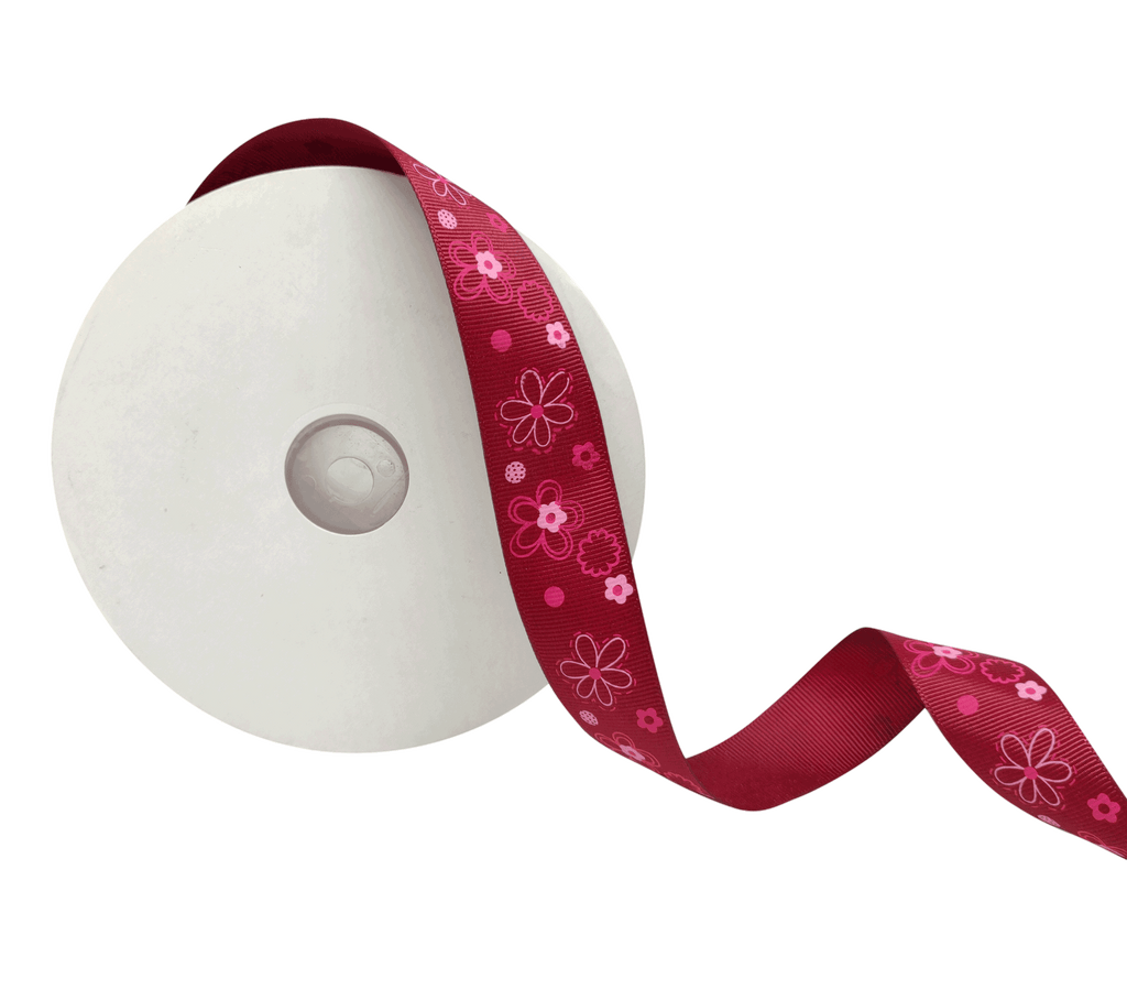 MAROON WITH MULTICOLOURED FLOWERS RIBBON (25 MM)