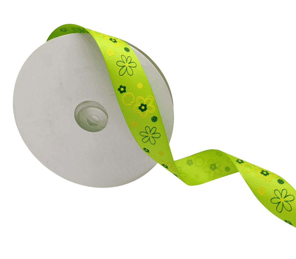 LIME GREEN WITH MULTICOLOURED FLOWERS RIBBON (25 MM)