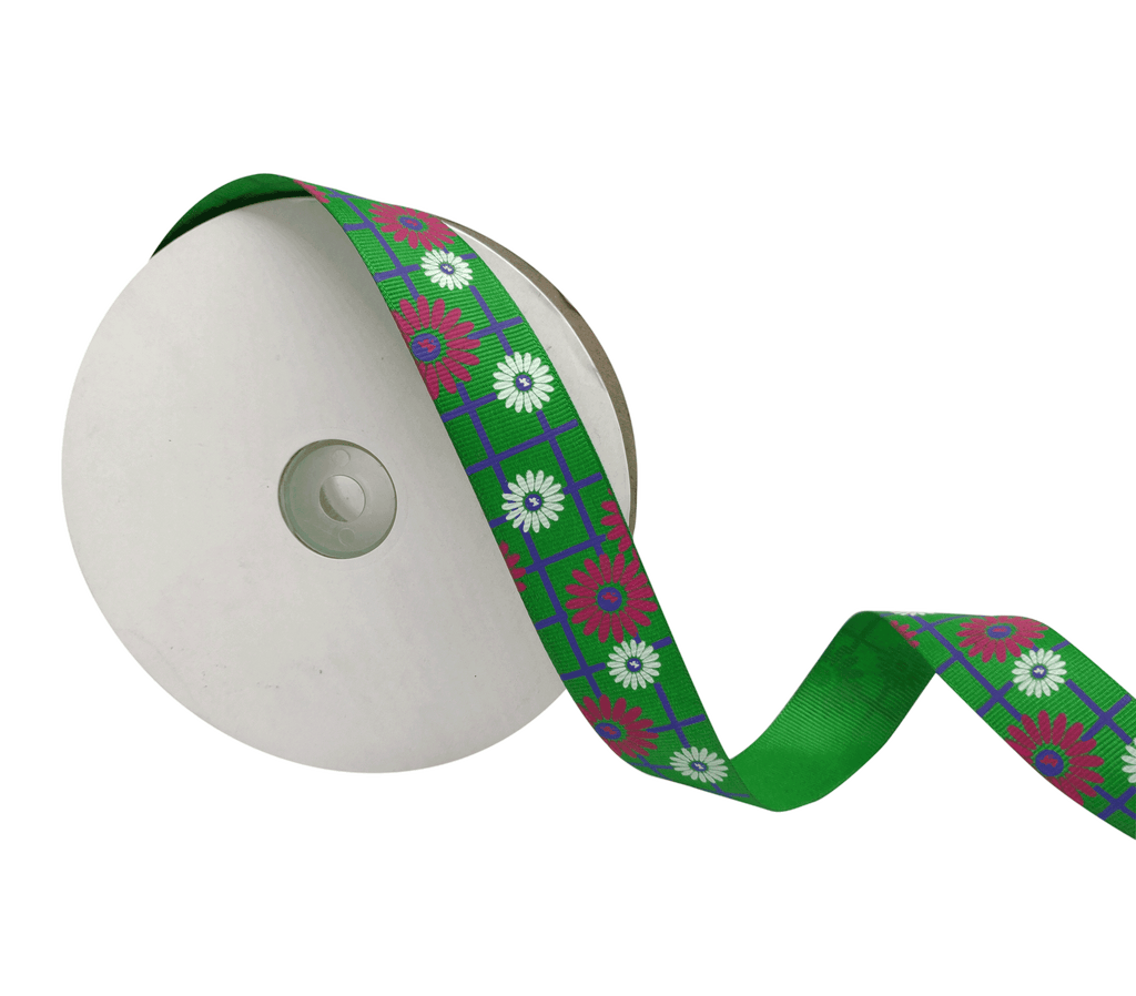 GREEN WITH MULTICOLOURED NORA CIRCLES RIBBON (25MM | 45MTR)