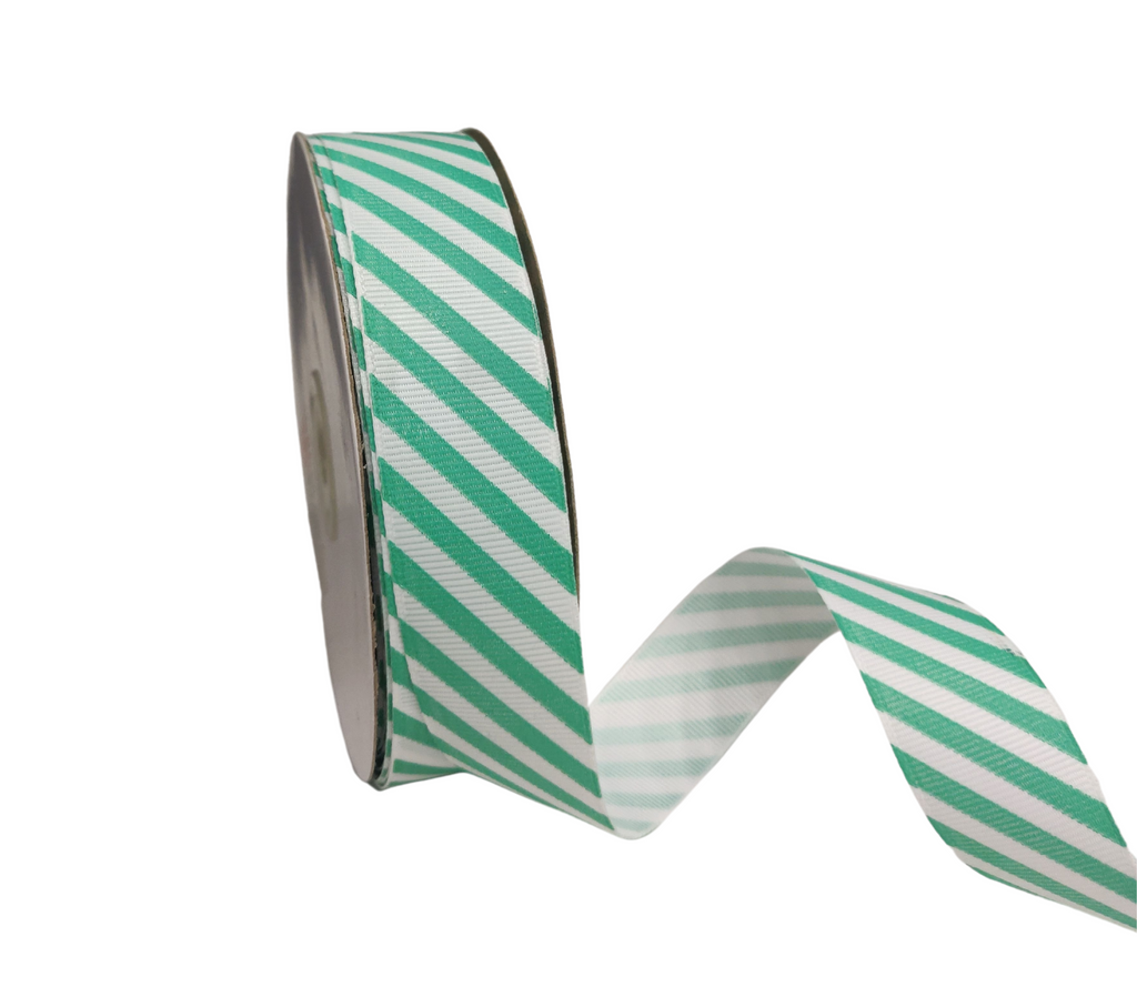 SEA GREEN & WHITE DIAGONAL STRIPES RIBBON (25 MM)