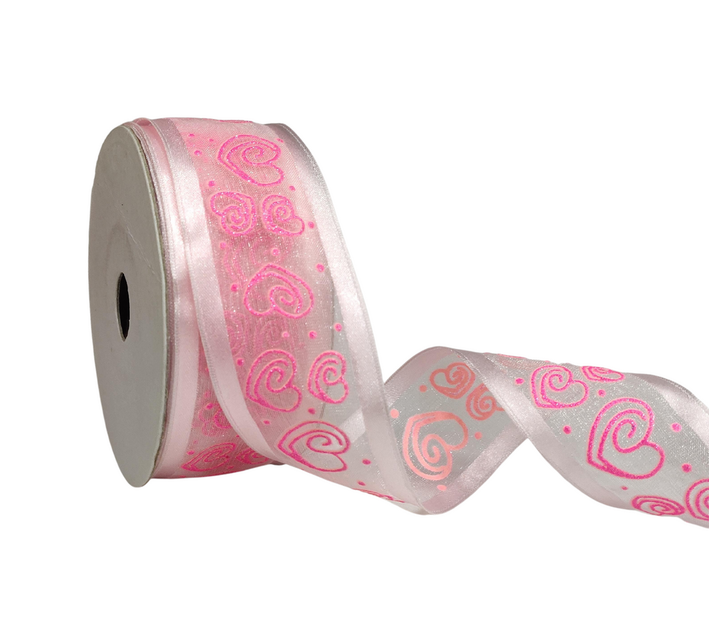 WIRED ORGANZA WITH PINK HEARTS RIBBON (38 MM)