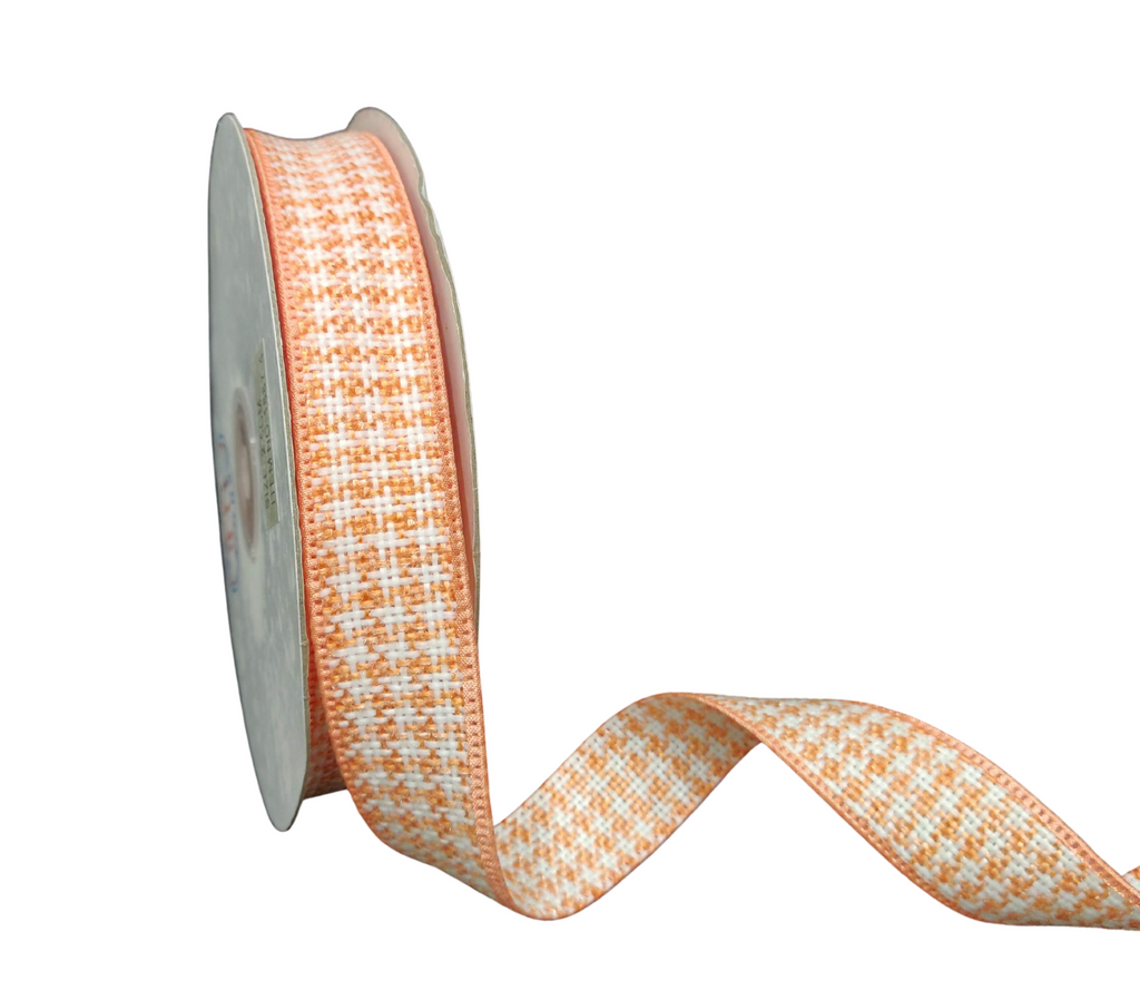 PEACH & WHITE HOUNDSTOOTH RIBBON (25 MM)