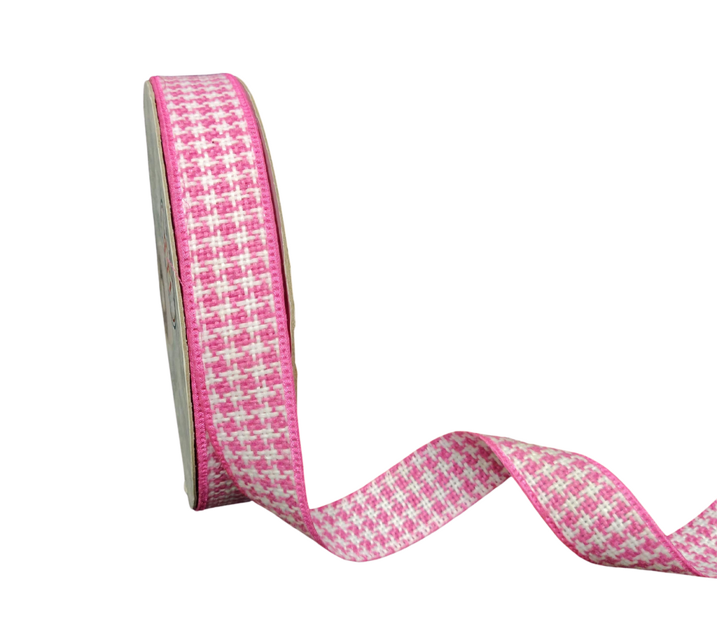 PINK & WHITE HOUNDSTOOTH RIBBON (25 MM)