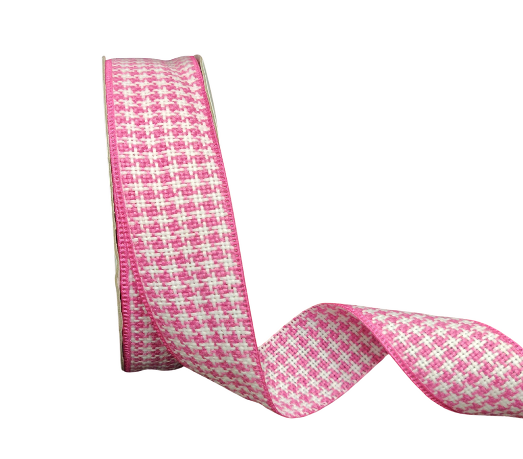 PINK & WHITE HOUNDSTOOTH RIBBON (38 MM)