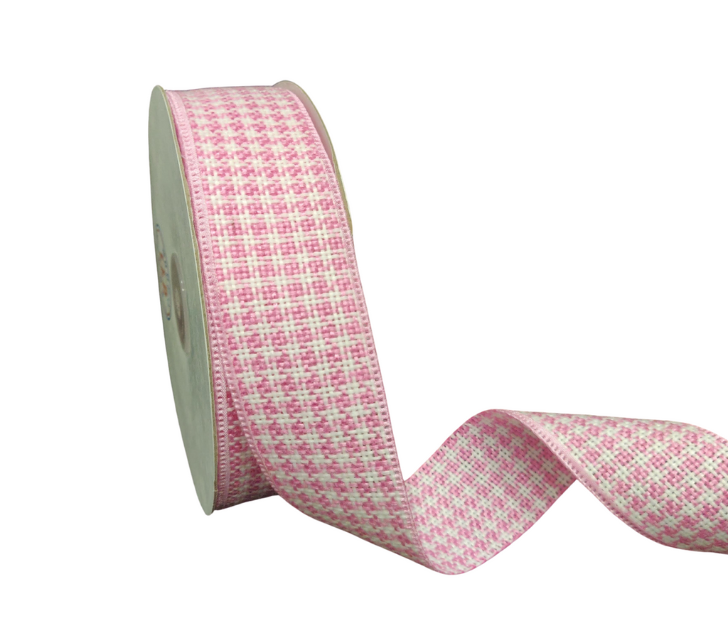BABY PINK & WHITE HOUNDSTOOTH RIBBON (38 MM)
