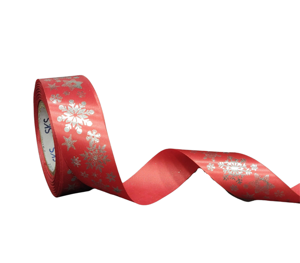 RED SATIN WITH SILVER SNOWFLAKES RIBBON (25 MM)