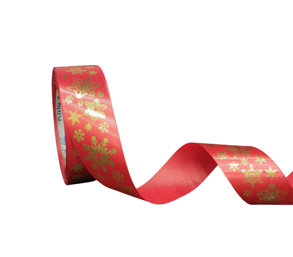 RED SATIN WITH GOLD SNOWFLAKES RIBBON (25 MM)