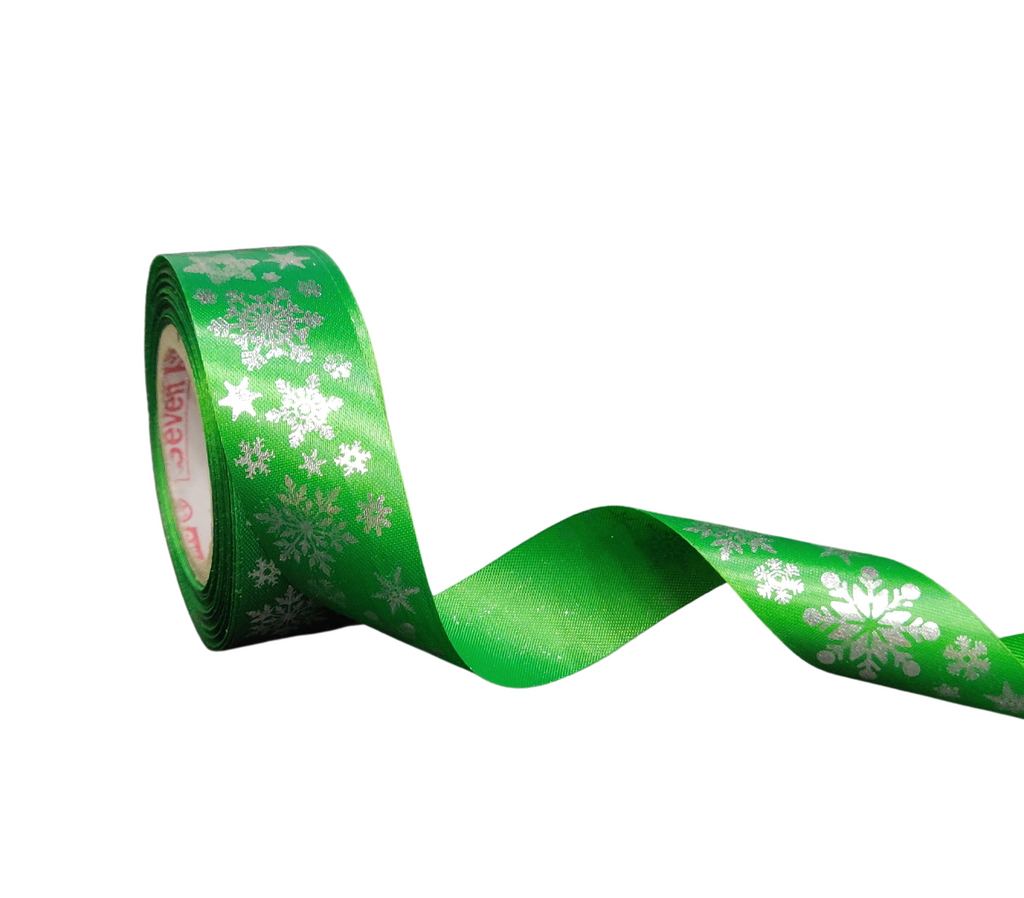 GREEN SATIN WITH SILVER SNOWFLAKES RIBBON (25 MM)