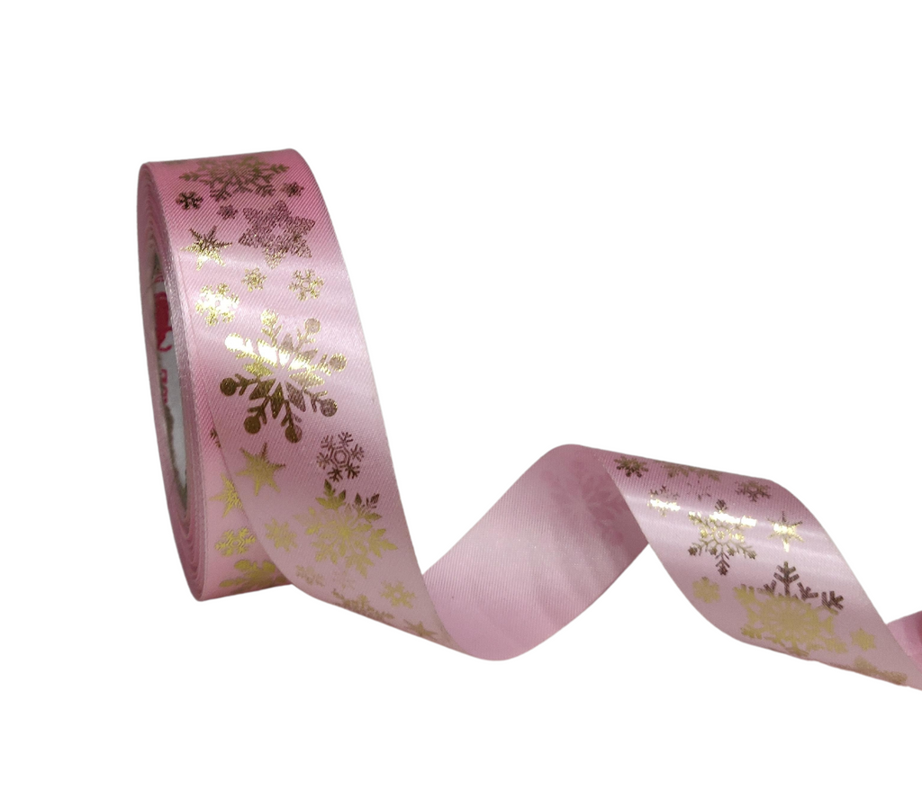 BABY PINK SATIN WITH GOLD SNOWFLAKES RIBBON (25 MM)