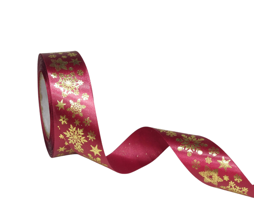 MAROON SATIN WITH GOLD SNOWFLAKES RIBBON (25 MM)