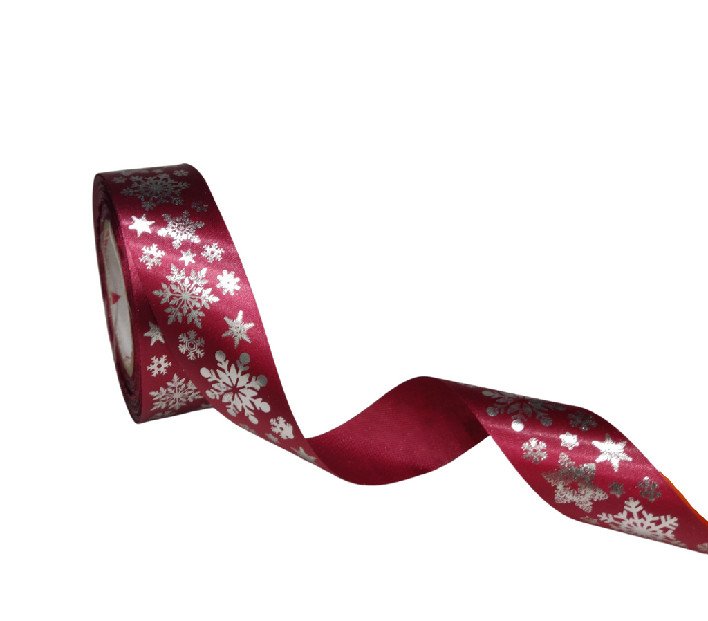 MAROON SATIN WITH SILVER SNOWFLAKES RIBBON (25 MM)